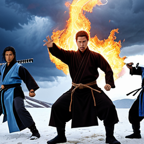 Home 4 **
A dramatic scene showcasing the four ninja (Kai, Jay, Cole, and Zane) in dynamic poses, each embodying their respective elemental power (fire, lightning, earth, and ice). Background elements should subtly hint at the struggles and responsibilities that come with wielding such power, perhaps a cracked landscape for Cole or stormy skies for Jay. Focus on showing their individual journeys and the burdens they carry alongside their strengths.
**